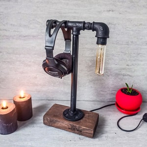 Headphone holder, Headphone hanger, Wood headphone stand, Gaming headset stand, Industrial desk lamp, Steampunk lamp, Industrial headphone