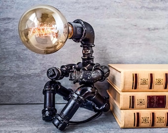 PipeMan Desk Lamp, Robot Lamp, Accent desk lamp, Edison Steampunk lamp, Industrial lighting, Edison Steampunk lamp, Edison table lamp