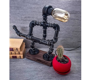 Edison table lamp, Robot desk lamp, Bedside lamp unique, Handmade desk lamp, Edison bulb lamp, Steampunk lighting, Loft desk lamp