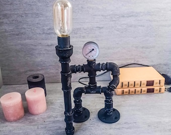 Edison table lamp, Robot desk lamp, Bedside lamp unique, Handmade desk lamp, Edison bulb lamp, Steampunk lighting, Loft desk lamp