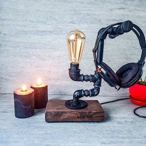 Headphone holder, Headphone hanger, Wood headphone stand, Gaming headset stand, Industrial desk lamp, Steampunk lamp, Industrial headphone