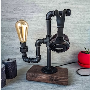 Headphone holder, Headphone hanger, Wood headphone stand, Gaming headset stand, Industrial desk lamp, Steampunk lamp, Industrial headphone
