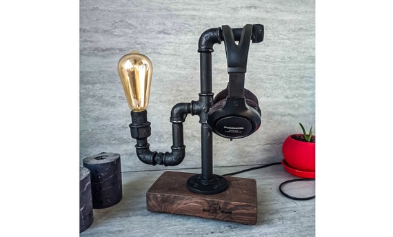 Headphone holder, Headphone hanger, Wood headphone stand, Gaming headset stand, Industrial desk lamp, Steampunk lamp, Industrial headphone