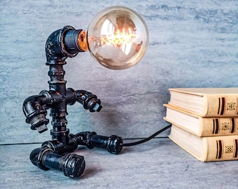 PipeMan Desk Lamp, Robot Lamp, Accent desk lamp, Edison Steampunk lamp, Industrial lighting, Edison Steampunk lamp, Edison table lamp