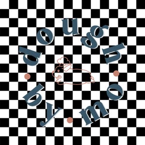 以下が含まれることがあります： 白黒の市松模様の背景にデジタルグラフィックデザイン。デザインは、濃いティール色の「by ymo」というテキストと、ウサギの漫画イラスト、2つの小さなピーチ色の円で構成されています。