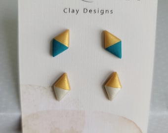 The Olivia - Pair of Gold Dipped Rhombus Polymer Clay Earrings - Minimalist Clay Stud Earrings - Gift for Her