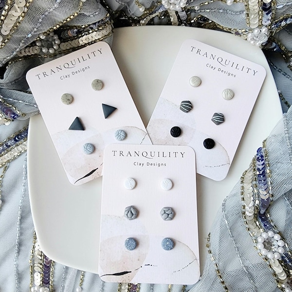 Handmade Polymer Clay Ohrstecker Set - Blau Grau Minimalist Pack