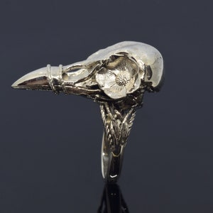 Puede incluir: Un anillo plateado con un dise&ntilde;o detallado de calavera de cuervo. El anillo incluye un adorno floral y detalles intrincados en la banda. La calavera de cuervo es el punto focal, con un pico puntiagudo y superficie texturizada.