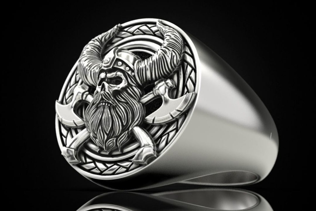 Viking Skull & Crossed Axes Silver Ring Norse Etsy