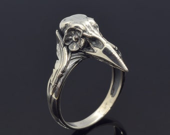 Oxidized Silver Raven Ring, Crow Bird Skull Ring, Animal Jewelry