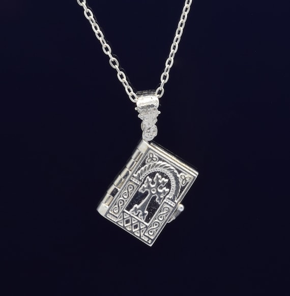 Vintage Silver Lord's Prayer Pendant Armenian Jewelry Holy Bible Open Pages Locket Necklace