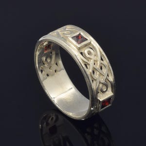 Celtic Knot Silver Ring, Red Garnet Wedding Band, His and Hers Rings