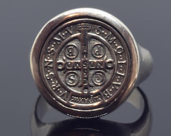 St Benedict Cross Silver Signet Ring, Christian Saint Chunky Ring