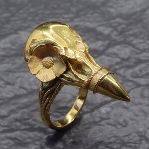 Puede incluir: Un anillo dorado con un dise&ntilde;o de cr&aacute;neo de p&aacute;jaro y un acento floral. El anillo tiene un pico puntiagudo y una banda texturizada alrededor de la base. La banda del anillo tiene un dise&ntilde;o org&aacute;nico detallado.