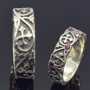 Couples Celtic Wedding Ring Set, His And Hers Cross Band Rings, Oxidized Silver Wedding Bands