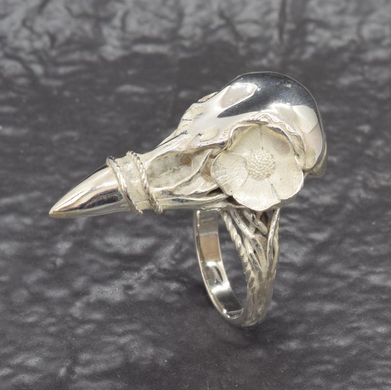 Puede incluir: Anillo plateado con dise&ntilde;o de calavera de p&aacute;jaro y una flor. La banda del anillo tiene una apariencia texturizada, similar a una vid. El pico de la calavera est&aacute; envuelto con un detalle de cuerda trenzada.