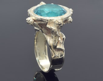 Anillo de ángeles jugando, anillo de sello de topacio azul, anillo de piedra de nacimiento azul