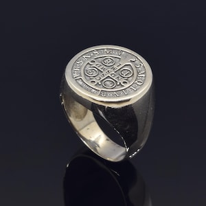 Saint Benedict Exorcism Signet Silver Ring, St Benedict Cross Ring, Saint Benedict Ring, Sterling Silver Christian Cross Ring