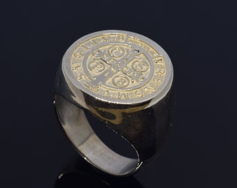 St Benedict Exorcism Signet Ring, Christian Saint Cross Ring, Religious Jewelry
