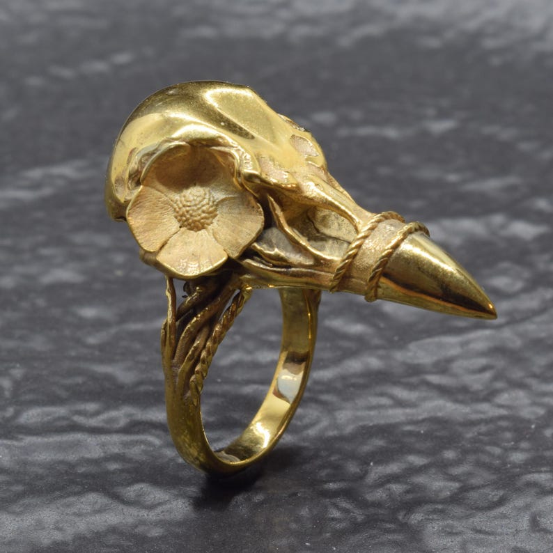 Puede incluir: Un anillo dorado con un dise&ntilde;o de calavera de p&aacute;jaro con un acento floral. El anillo tiene una superficie detallada y texturizada y un pico puntiagudo. La banda del anillo tiene un dise&ntilde;o de cuerda trenzada y un elemento floral.