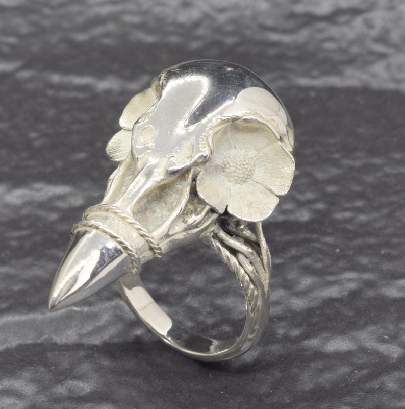 Puede incluir: Un anillo de plata con un dise&ntilde;o de calavera de p&aacute;jaro estilizado. El anillo tiene un pico puntiagudo, detalles florales y un detalle de cuerda trenzada alrededor de la base del pico. La banda del anillo es lisa y pulida.