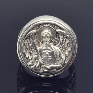 Archangel St Michael Men Silver Signet Ring, Saint Michael Christian Ring, Archangel Birthday Gift Christianity