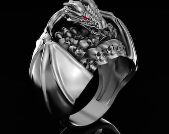Handcrafted Dragon Guarding Skulls Goth Ring - Unique Silver Jewelry for Macabre Enthusiasts