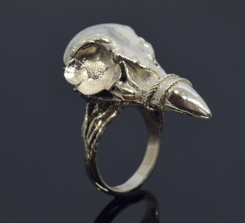 Puede incluir: Anillo plateado con dise&ntilde;o de calavera de p&aacute;jaro estilizada. El anillo presenta un elemento floral en el cr&aacute;neo y un pico puntiagudo. La banda tiene un dise&ntilde;o intrincado y texturizado. Fondo oscuro.