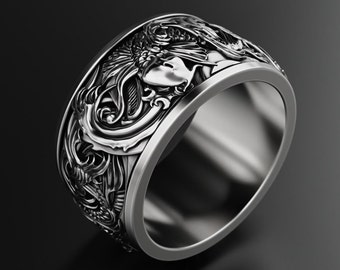 Artisan Silver Koi Carp Ring - Ocean Waves Band - Unique Aquatic Inspired Fish Jewelry for Pisces