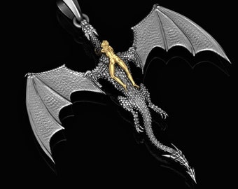 Mystical Flight Silver Pendant - Girl Riding Dragon, Golden Accents, Fantasy Jewelry