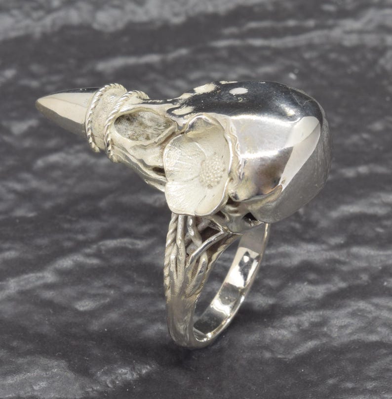 Puede incluir: Un anillo plateado con un dise&ntilde;o de calavera, con un pico de p&aacute;jaro y un acento floral. El anillo tiene detalles intrincados, incluyendo un dise&ntilde;o de cuerda trenzada alrededor del pico y un elemento floral en el lateral. La banda del anillo tiene un dise&ntilde;o texturizado.
