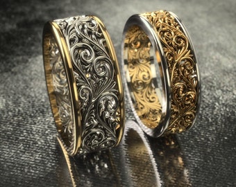 Unique Vintage-Style Wedding Couples Silver Rings, Handcrafted His and Hers Antique Bands