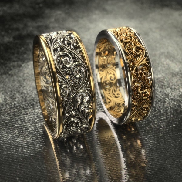 Anillos de oro únicos para parejas de boda de estilo vintage: bandas antiguas hechas a mano para él y para ella