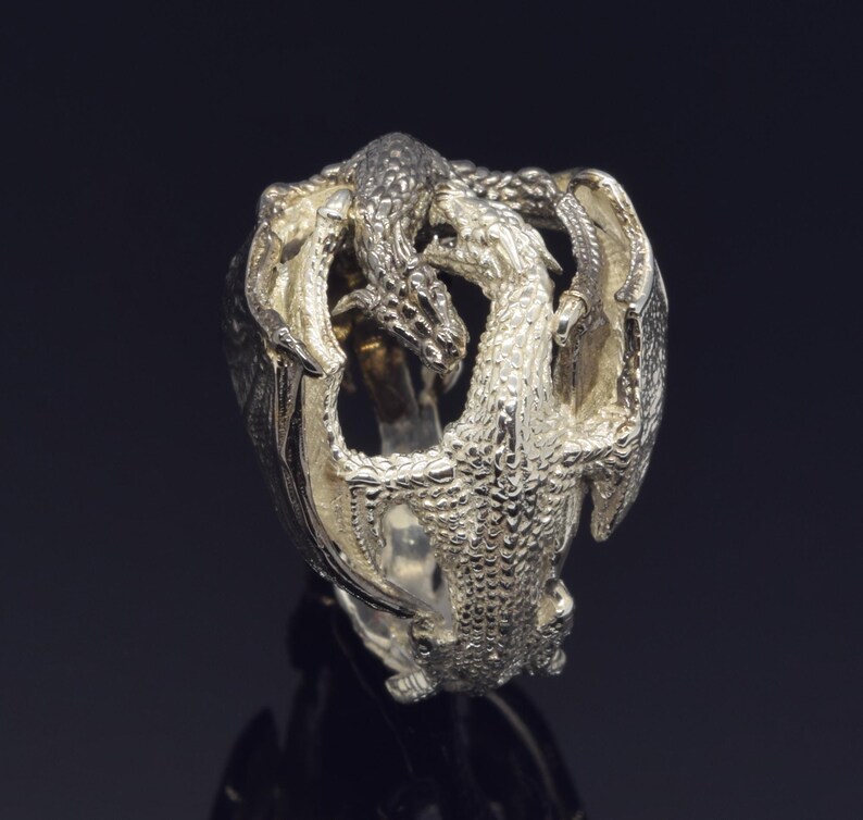 Two Dragon Rings Fighting Double Dragons Silver Ring, Two Tone Gothic Jewelry - Etsy