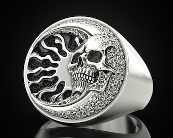Enigmatic Silver Skull Signet Ring with Celestial Sun and Moon Detailing