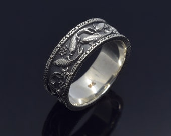 Japansk Koi-fisk silverring, naturinspirerad havsring, Fiskarnas ring, graverad förlovningsring för män