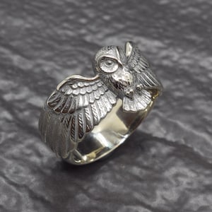 Peut inclure: Une bague en métal argenté représentant un hibou détaillé aux ailes déployées. Le hibou est placé sur le dessus de l'anneau, ses ailes s'enroulant sur les côtés. Le métal présente une finition texturée sur le hibou et un anneau lisse et poli.