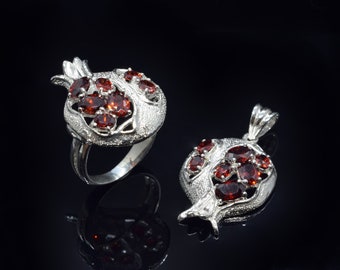 Armenian Pomegranate Ring&Pendant, Persephone Ring, Silver Garnet Pomegranate Stone Ring, Red Garnet Ring, Armenian Jewelry Gift