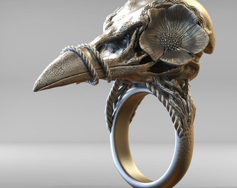 Gothic Crow Bird Skull Ring, Dark Souls Witchy Raven Silver Statement Goth Ring