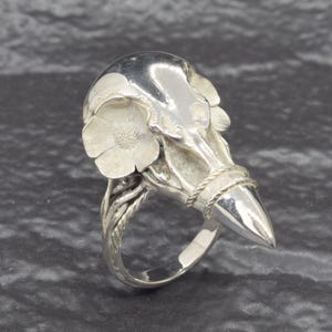 Puede incluir: Anillo plateado con dise&ntilde;o de calavera de p&aacute;jaro estilizada. El anillo tiene un pico puntiagudo y detalles florales. La banda tiene una textura trenzada en forma de vid. El anillo est&aacute; hecho de metal brillante y reflectante.