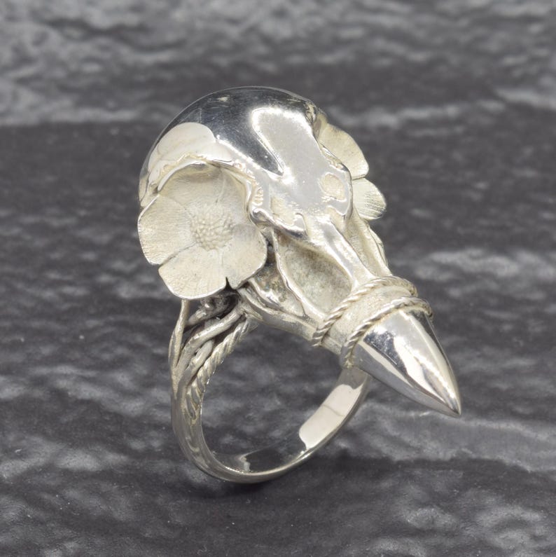Puede incluir: Anillo plateado con dise&ntilde;o de calavera de p&aacute;jaro estilizada. El anillo tiene un pico puntiagudo y detalles florales. La banda tiene una textura trenzada en forma de vid. El anillo est&aacute; hecho de metal brillante y reflectante.