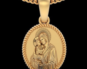 Virgin Mary and Baby Jesus Gold-Plated Pendant - Elegant Religious Necklace for Spiritual Devotion and Gift