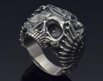 Anillo de plata de cuervo vikingo, calavera de Odín Huginn Muninn Valknut mitología nórdica joyería pagana