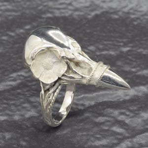 Puede incluir: Un anillo de plata con un dise&ntilde;o de calavera de p&aacute;jaro y un acento floral. El anillo tiene una superficie detallada y texturizada y un pico puntiagudo. La banda del anillo tiene un dise&ntilde;o floral y de vid.