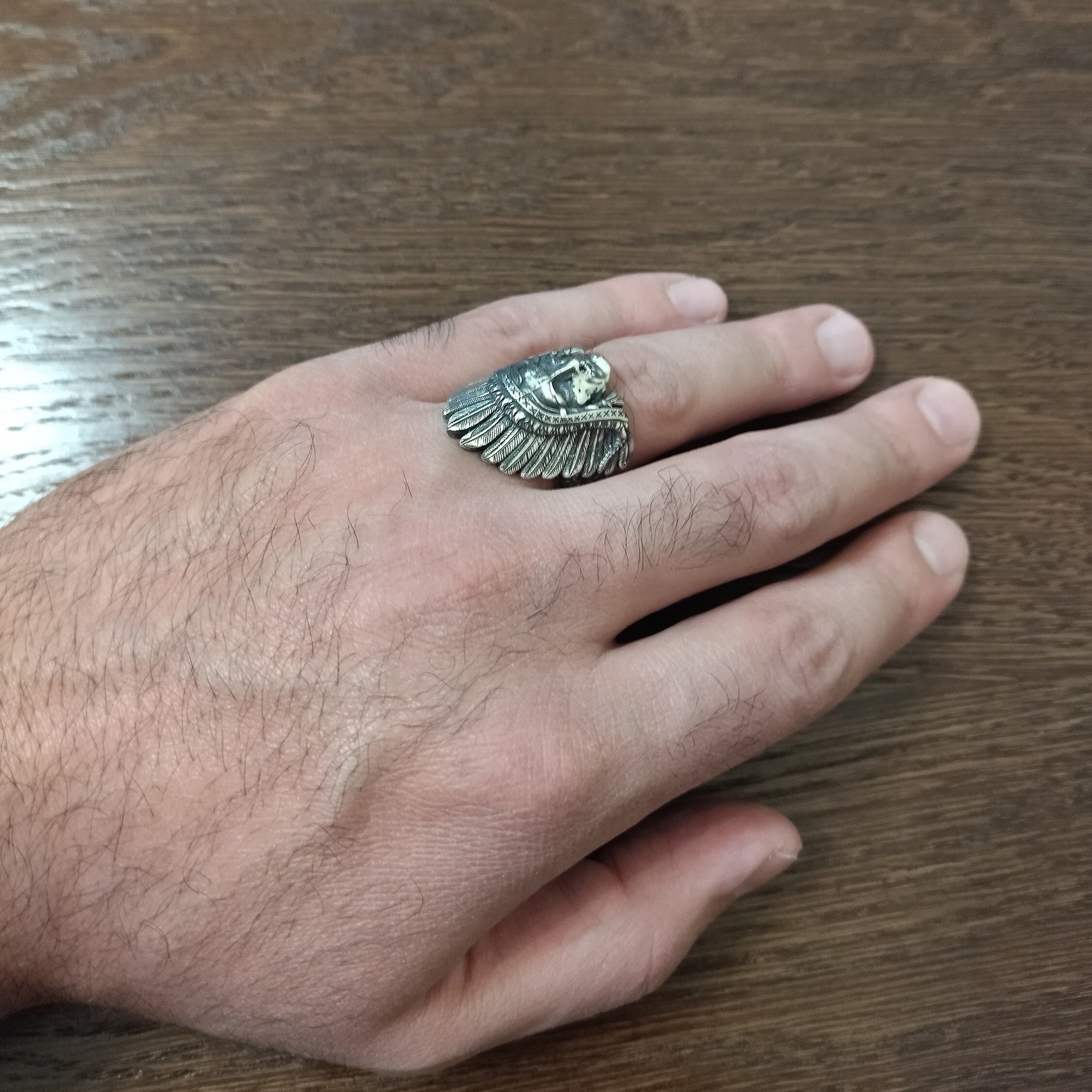 Silver Native American Indian Chief Head Ring, Southwestern