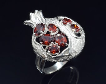 Zilveren ring met granaatappel-granaat, Persephone Griekse mythologie sieraden voor vrouwen