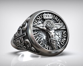 Silver Crucifix Men Signet Ring, Religious Jesus Ring for Men, Jesus Jewelry Christian Gift for Men, Mens Jewelry