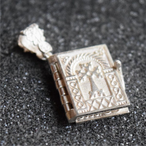 Vintage Silver Lord's Prayer Pendant Armenian Jewelry Holy Bible Open Pages Locket Necklace