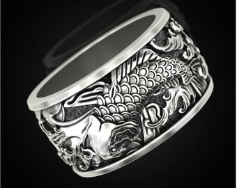 Silver Koi Carp Ring: Serene Aquatic Elegance in a Delicate Fish Design