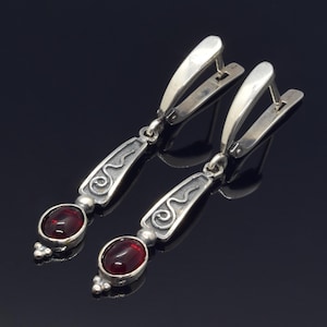 Garnet Silver Earrings, Simple Spiral Greek Jewelry, Byzantine Jewelry